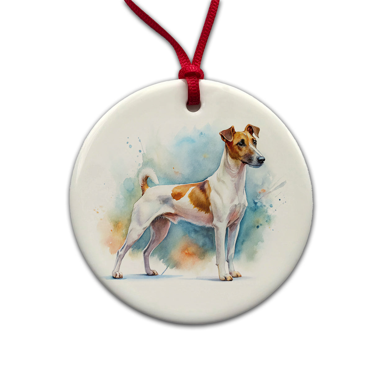 Smooth Fox Terrier Dog Watercolor Style Round Ceramic Holiday Christmas Tree Ornament