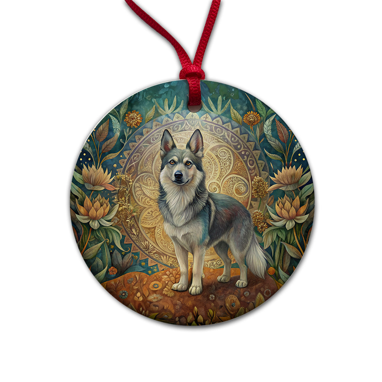 Swedish Vallhund Dog Art Nouveau Round Ceramic Holiday Christmas Tree Ornament