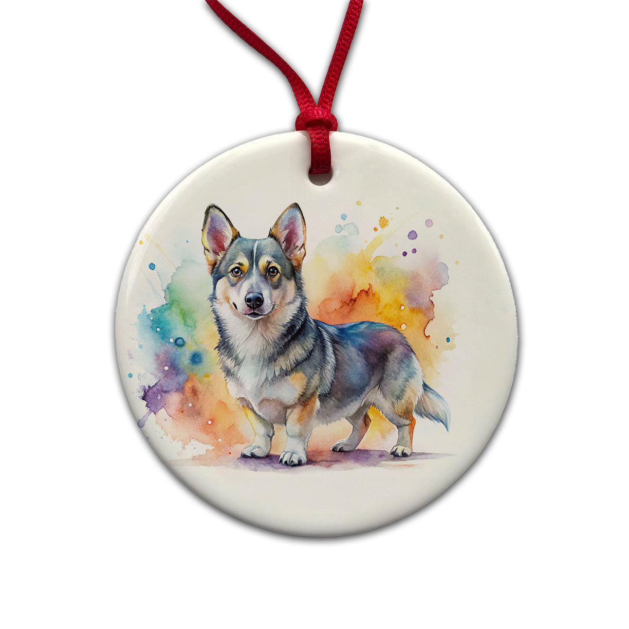 Swedish Vallhund Dog Watercolor Style Round Ceramic Holiday Christmas Tree Ornament
