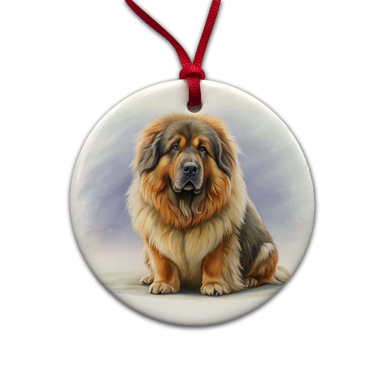 Tibetan Mastiff Dog Illustration Round Ceramic Holiday Christmas Tree Ornament