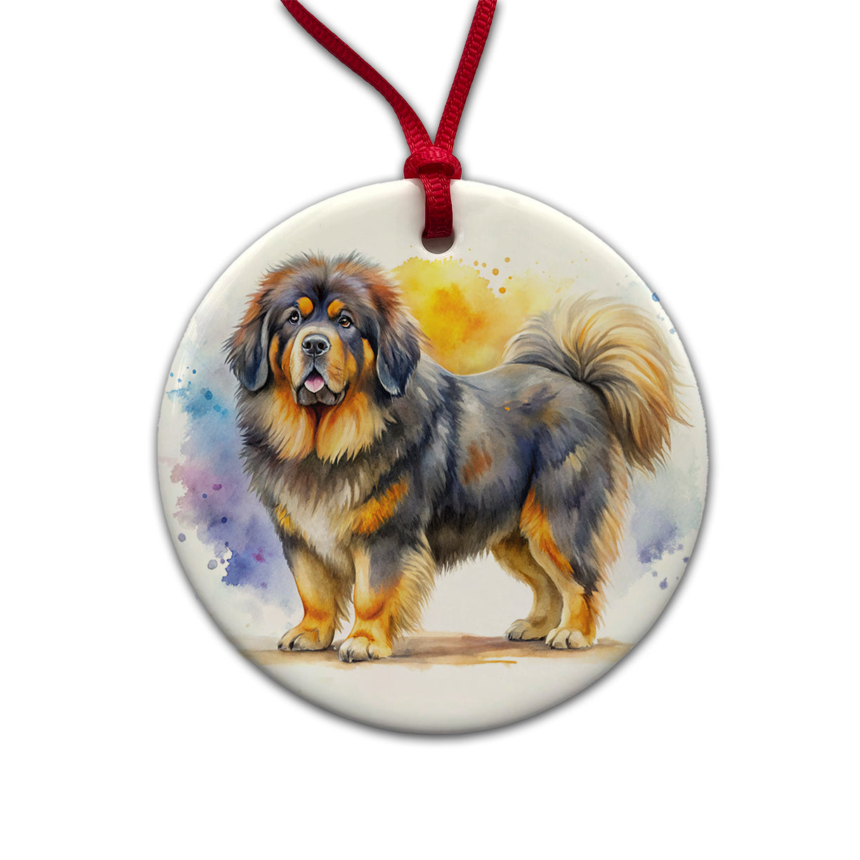 Tibetan Mastiff Dog Watercolor Style Round Ceramic Holiday Christmas Tree Ornament