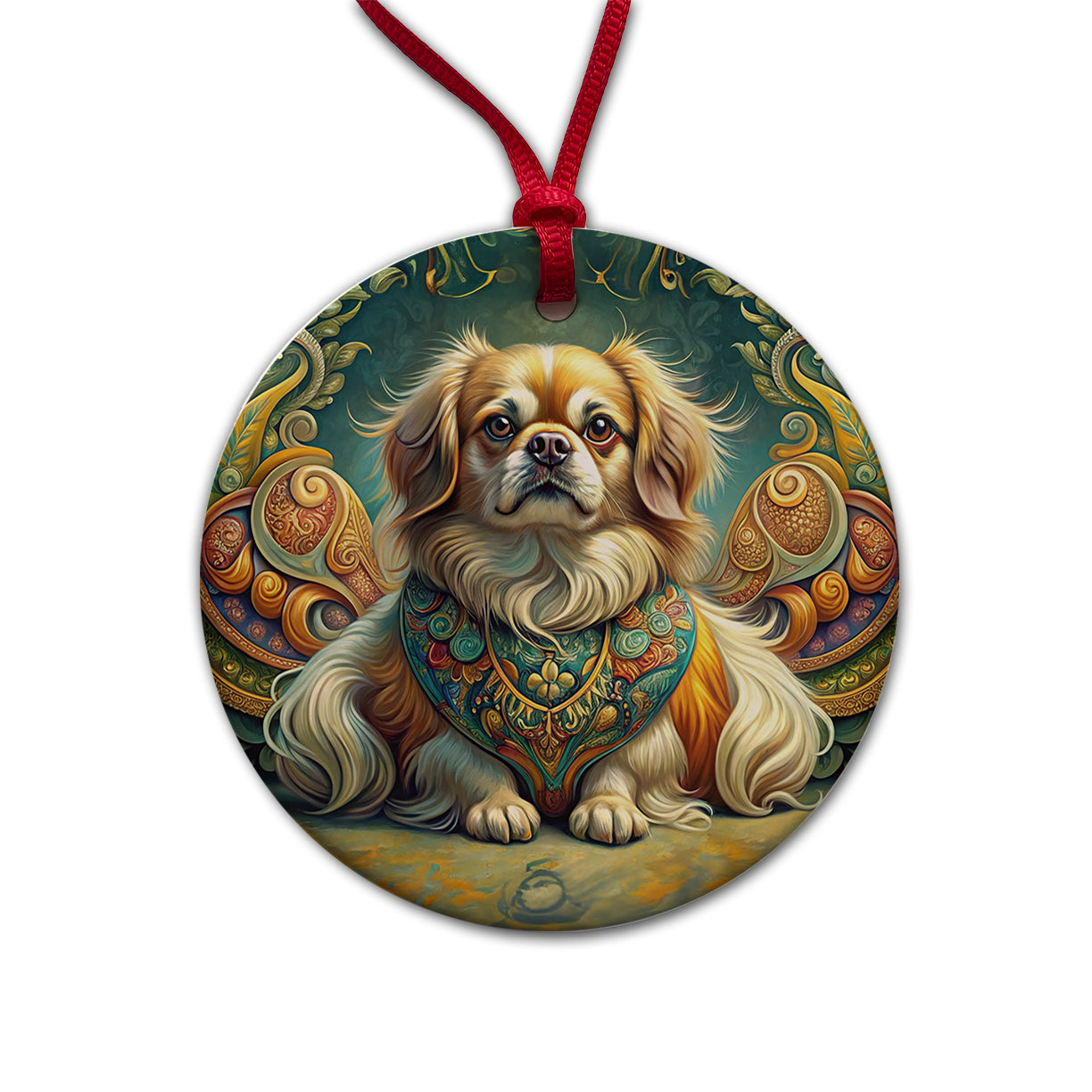 Tibetan Spaniel Dog Art Nouveau Round Ceramic Holiday Christmas Tree Ornament