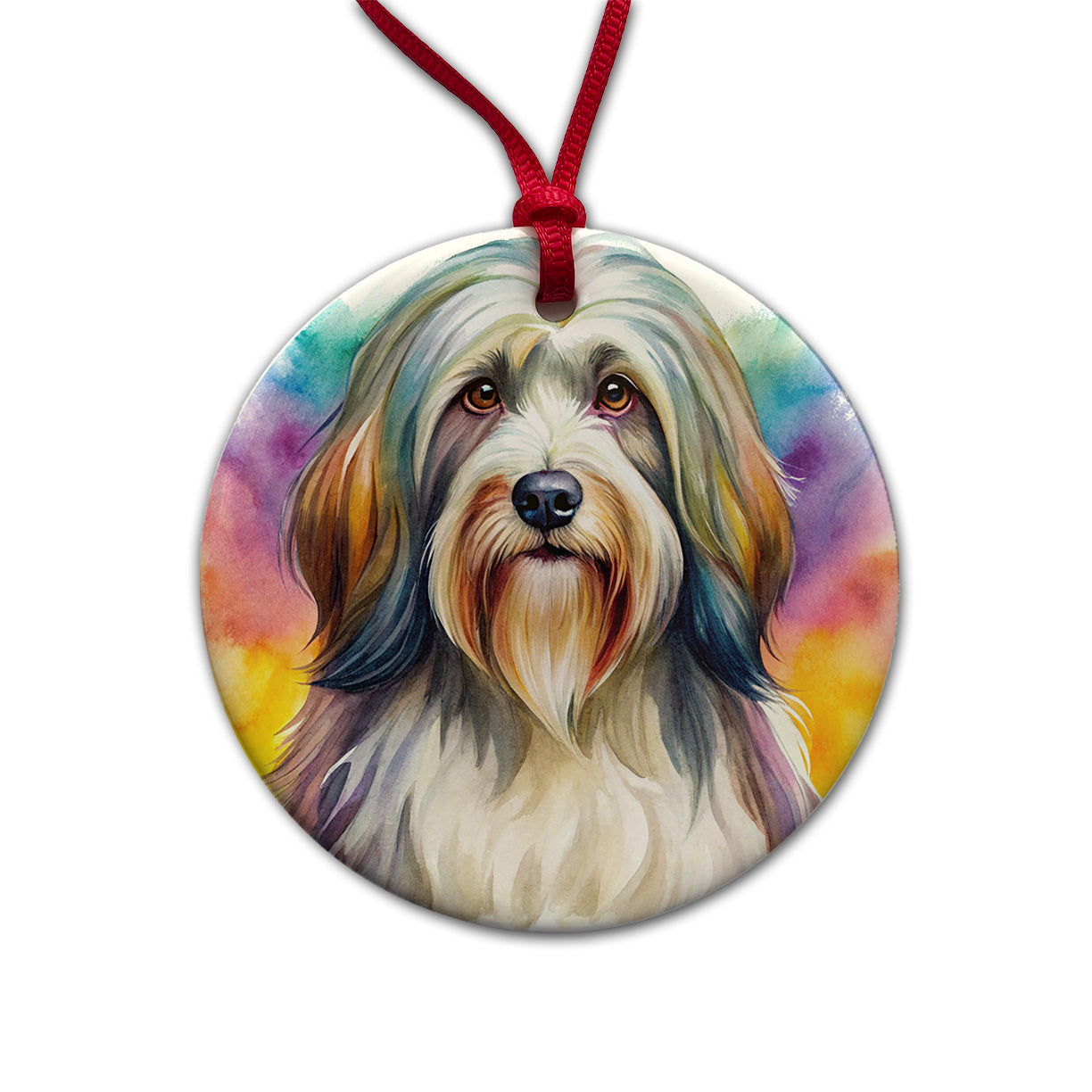 Tibetan Terrier Dog Watercolor Style Round Ceramic Holiday Christmas Tree Ornament