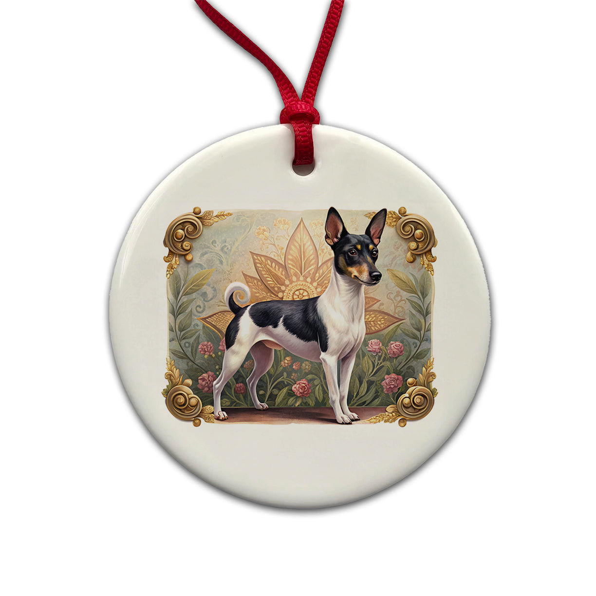 Toy Fox Terrier Dog Art Nouveau Round Ceramic Holiday Christmas Tree Ornament