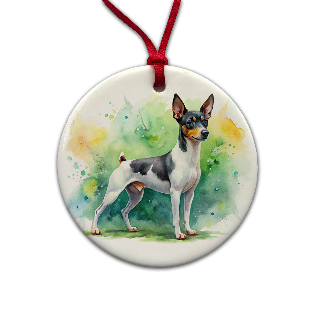 Toy Fox Terrier Dog Watercolor Style Round Ceramic Holiday Christmas Tree Ornament