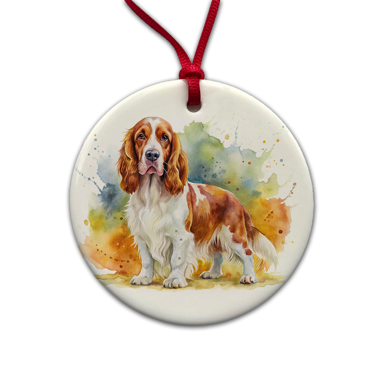 Welsh Springer Spaniel Dog Watercolor Style Round Ceramic Holiday Christmas Tree Ornament