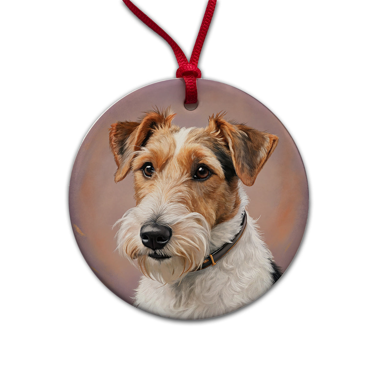 Wire Fox Terrier Dog Illustration Round Ceramic Holiday Christmas Tree Ornament