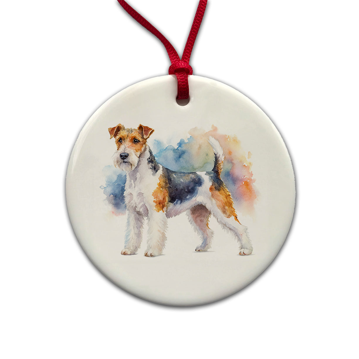 Wire Fox Terrier Dog Watercolor Style Round Ceramic Holiday Christmas Tree Ornament