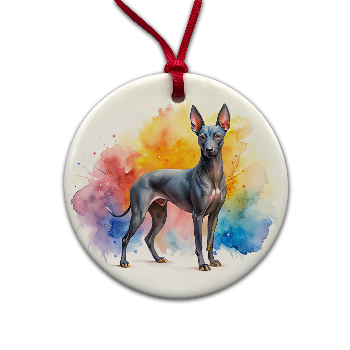 Xoloitzcuintli Xolo Mexican Hairless Dog Watercolor Style Round Ceramic Holiday Christmas Tree Ornament