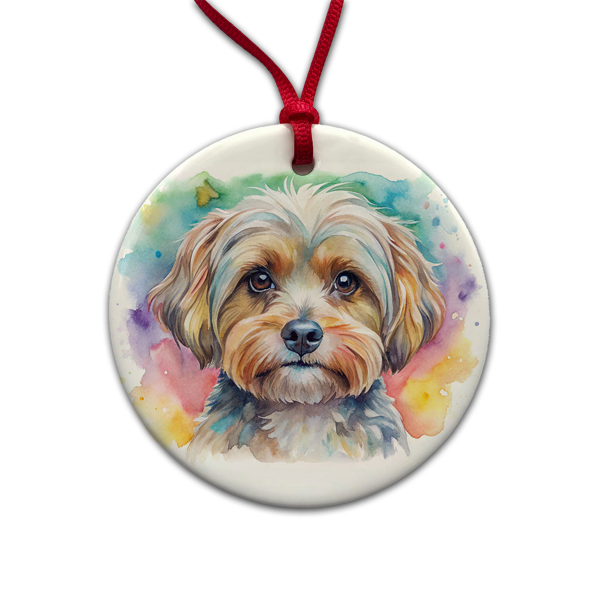 Yorkipoo Dog Watercolor Style Round Ceramic Holiday Christmas Tree Ornament