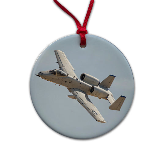 A-10 Thunderbolt II Warthog US Air Force Plane In Flight Round Ceramic Holiday Christmas Tree Ornament