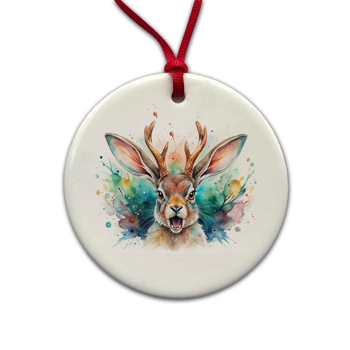Angry Jackalope Watercolor Round Ceramic Holiday Christmas Tree Ornament