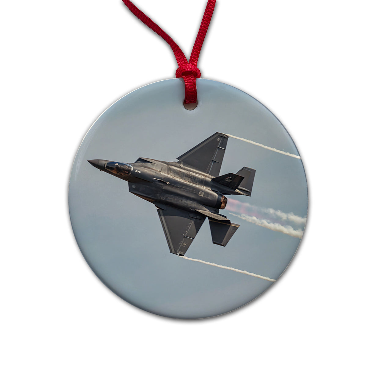 F-35 Plane Afterburners Streaking Through Sky Round Ceramic Holiday Christmas Tree Ornament