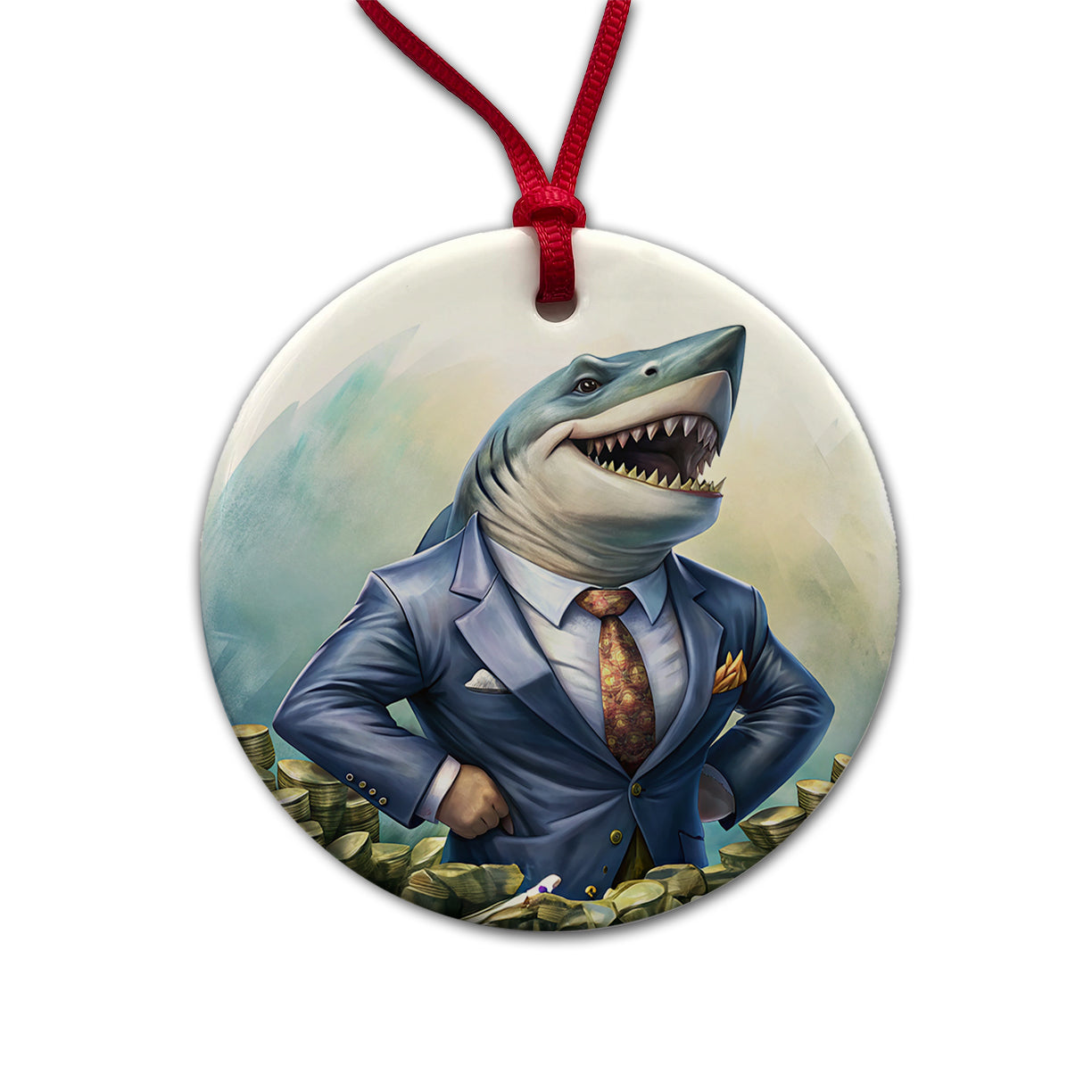 Funny Business Loan Shark Wearing A Suit With Money Round Ceramic Holiday Christmas Tree Ornament