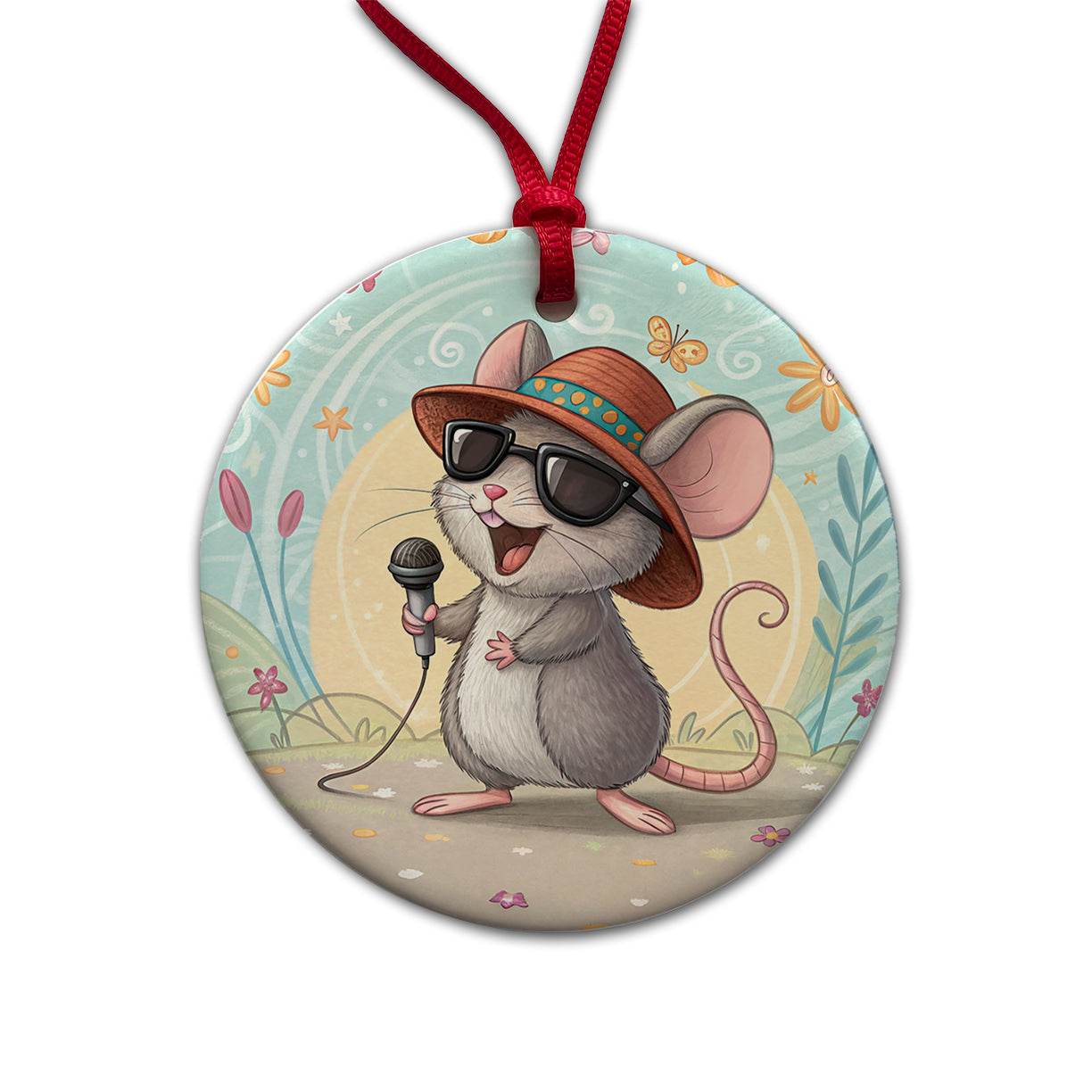 Funny Singing Cool Mouse Round Ceramic Holiday Christmas Tree Ornament