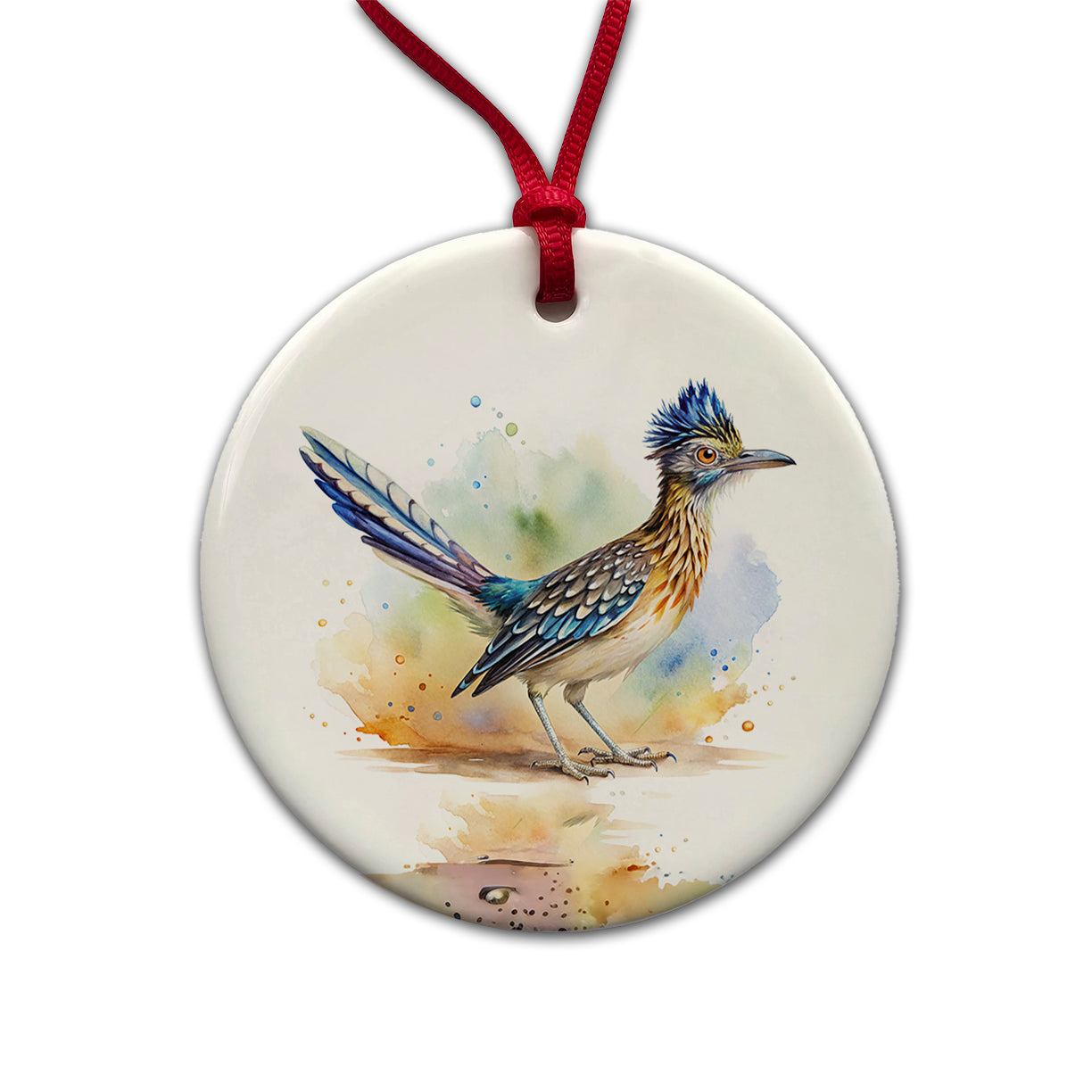 Greater Roadrunner New Mexico State Bird Watercolor Round Ceramic Holiday Christmas Tree Ornament
