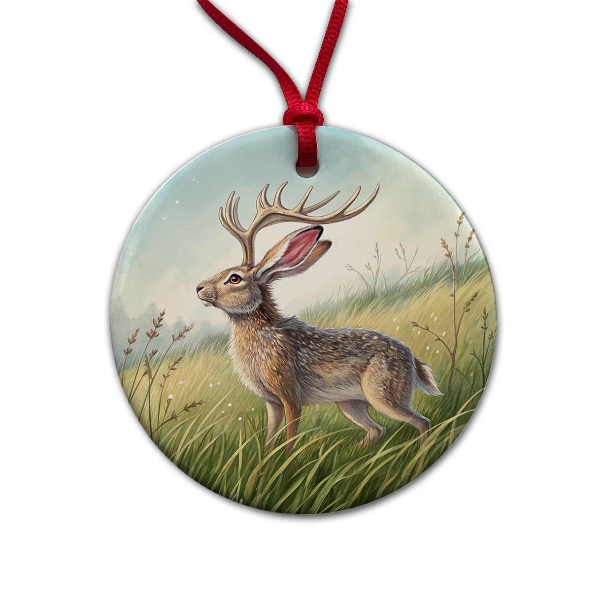 Jackalope Illustration Round Ceramic Holiday Christmas Tree Ornament