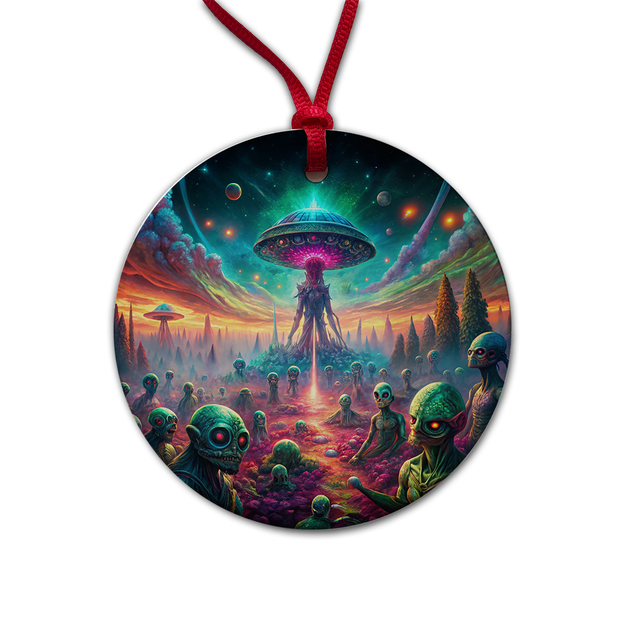 Psychedelic Alien Invasion Vibrant Colors Round Ceramic Holiday Christmas Tree Ornament