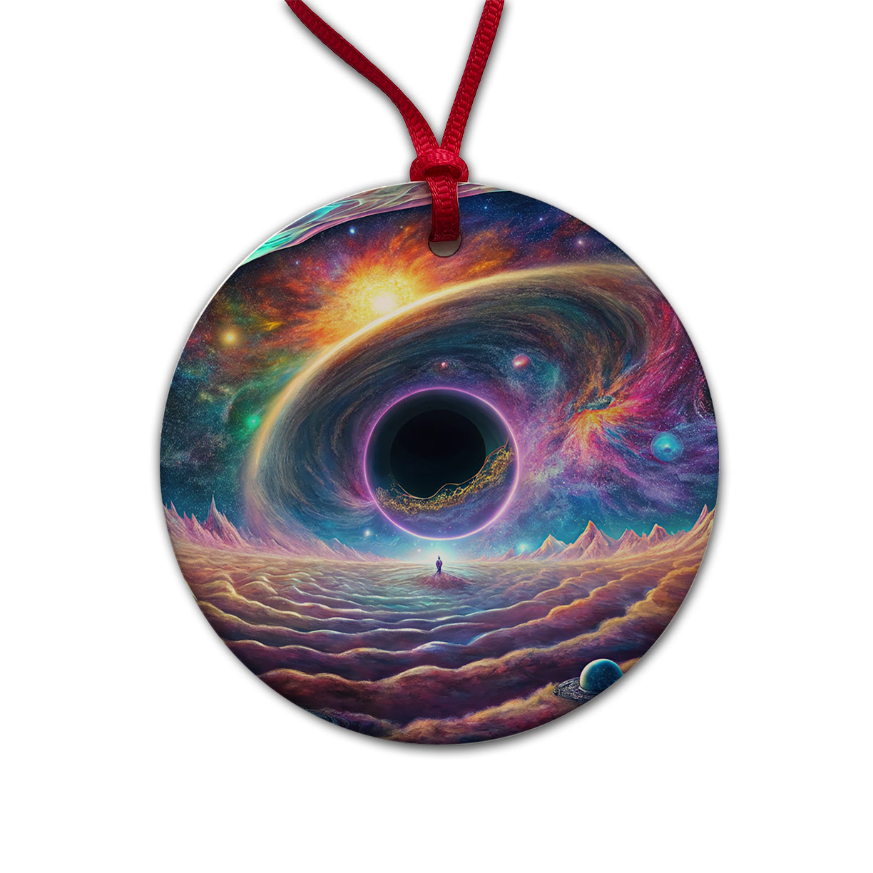 Psychedelic Black Hole Galaxy Space Vibrant Colors Round Ceramic Holiday Christmas Tree Ornament