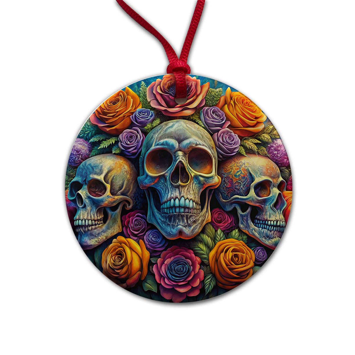 Psychedelic Colorful Skulls And Roses Round Ceramic Holiday Christmas Tree Ornament