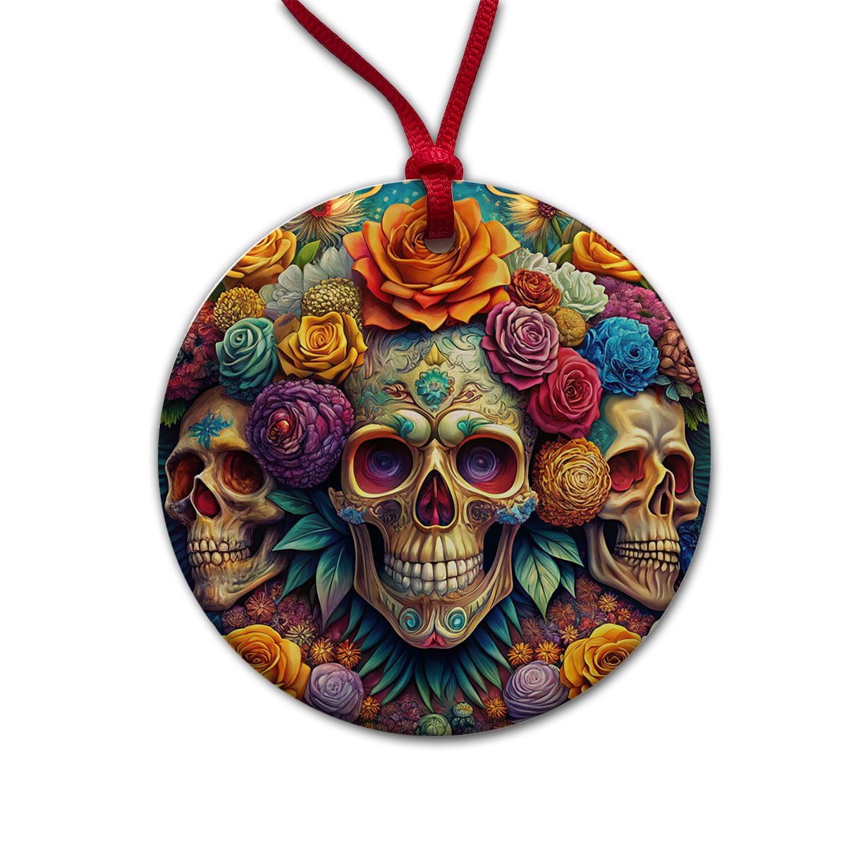 Psychedelic Colorful Skulls Flowers And Roses Round Ceramic Holiday Christmas Tree Ornament