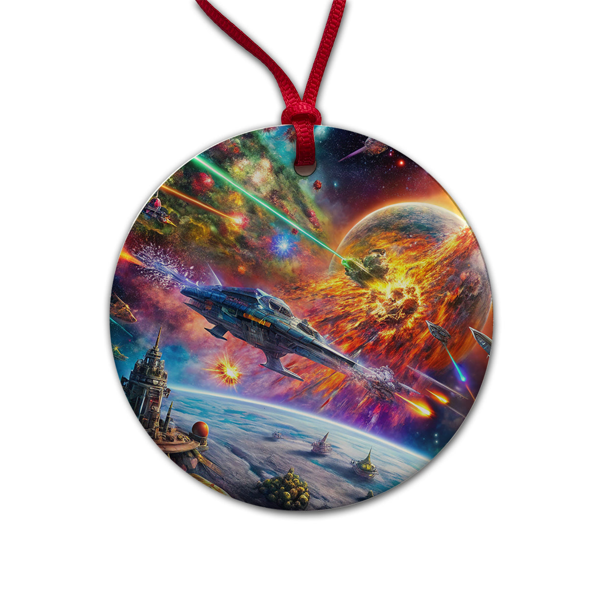 Psychedelic Colorful Space Sci-fi Starship Battle Round Ceramic Holiday Christmas Tree Ornament