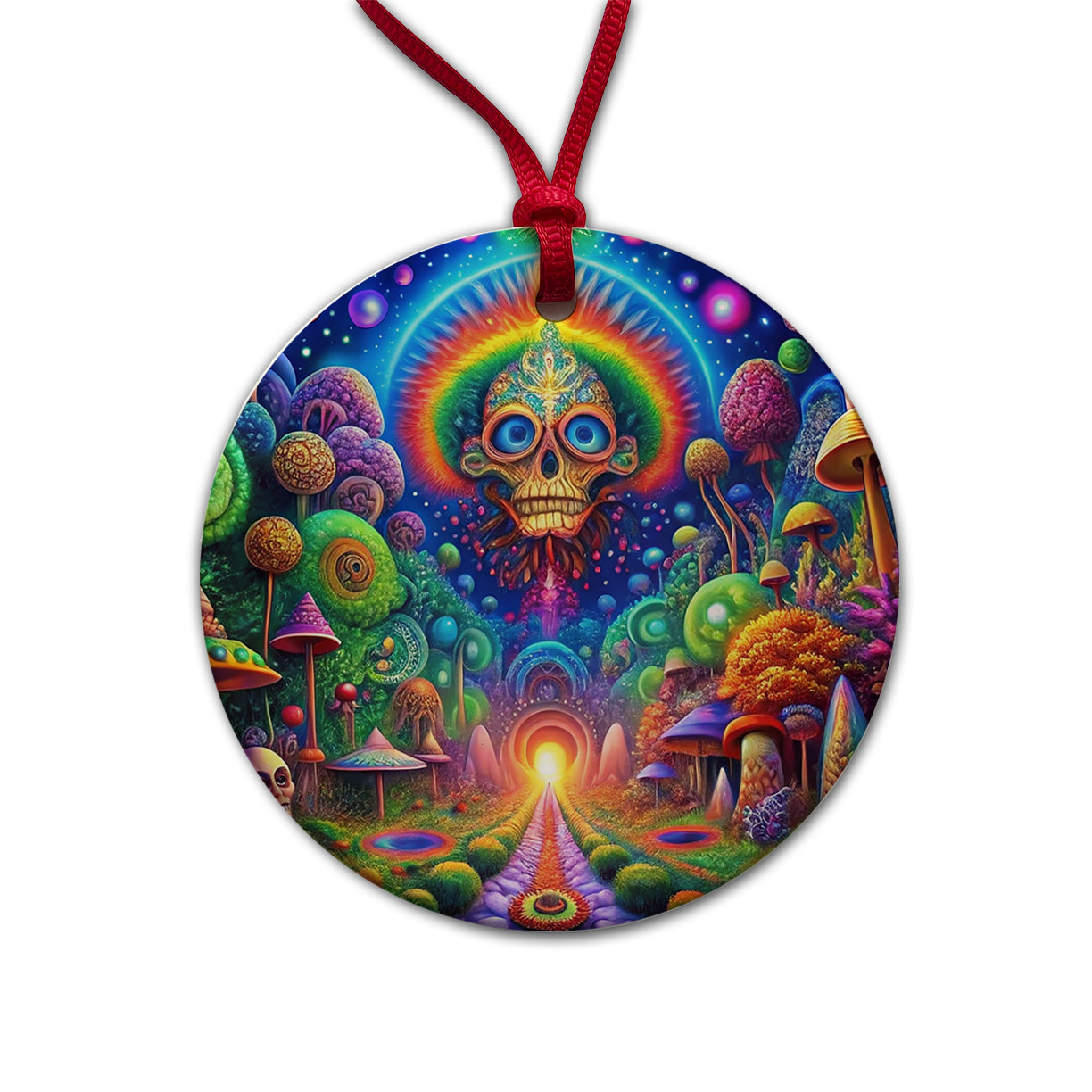 Psychedelic Fantasy Crazy Colorful Scene Round Ceramic Holiday Christmas Tree Ornament