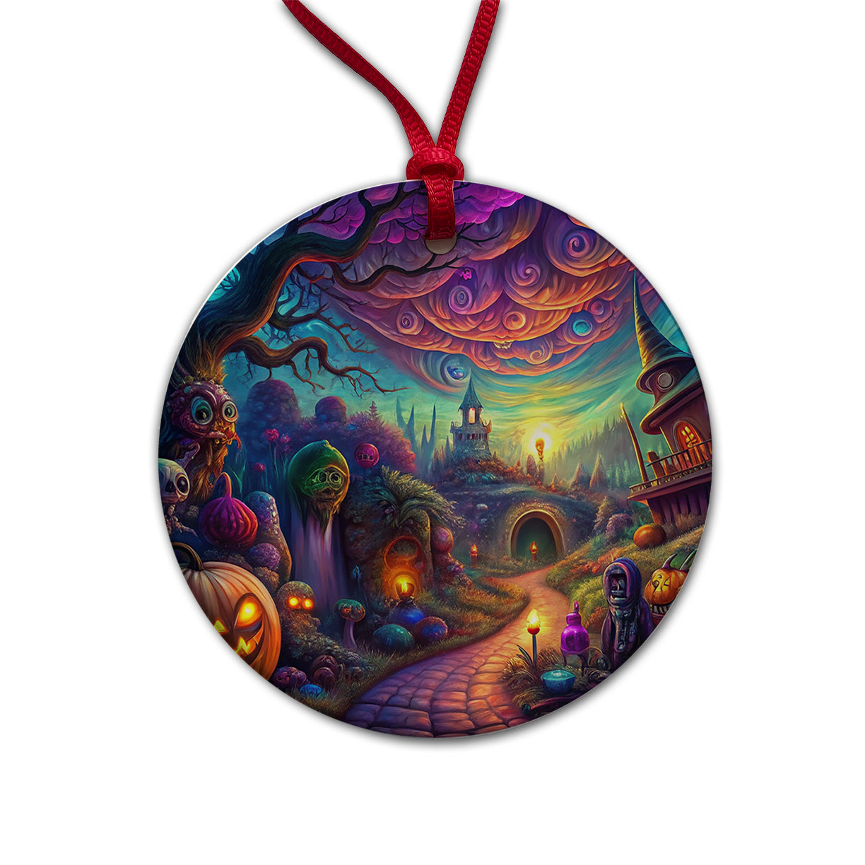 Psychedelic Halloween Town Scene Vibrant Colors Round Ceramic Holiday Christmas Tree Ornament