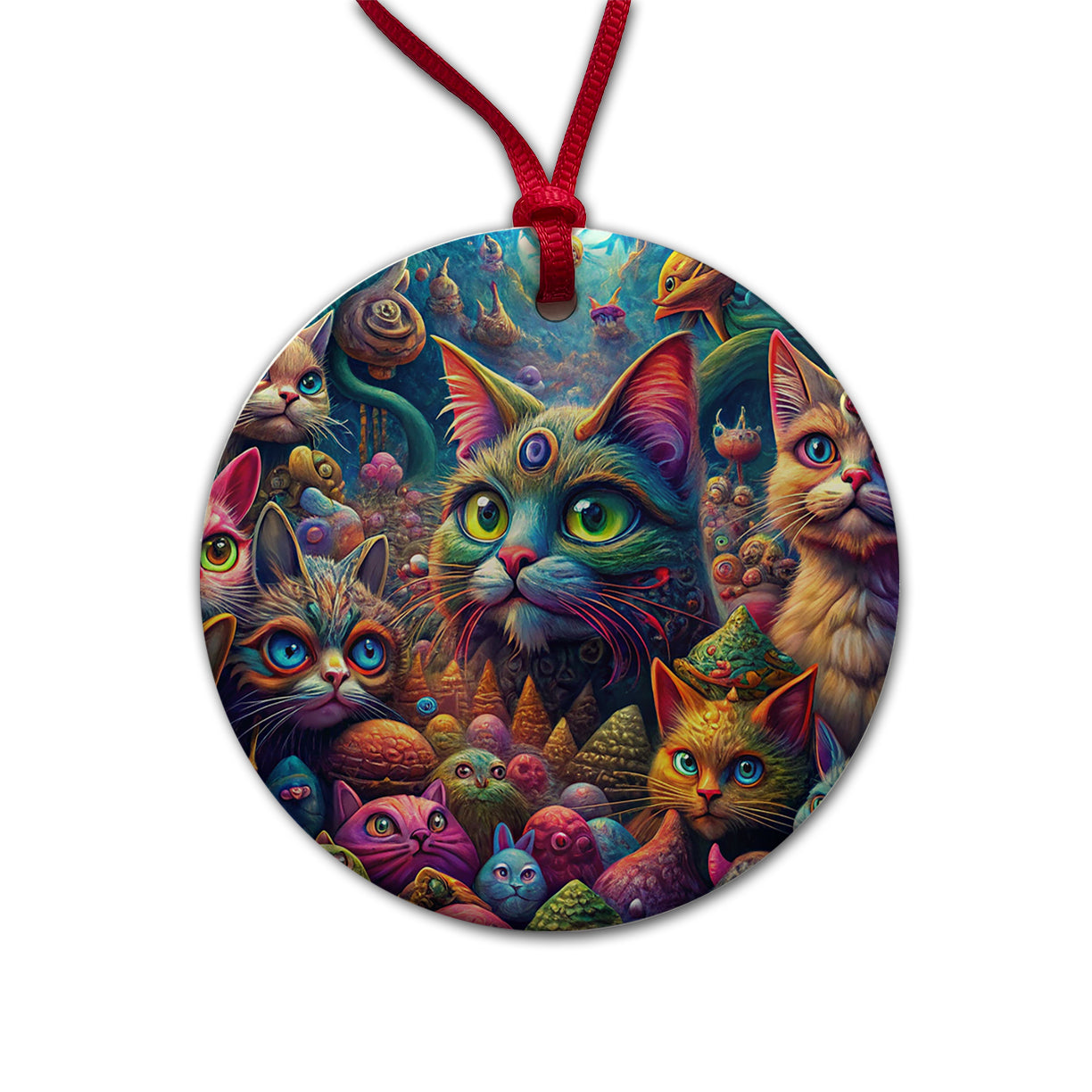 Psychedelic Lots of Cats Vibrant Colors Round Ceramic Holiday Christmas Tree Ornament