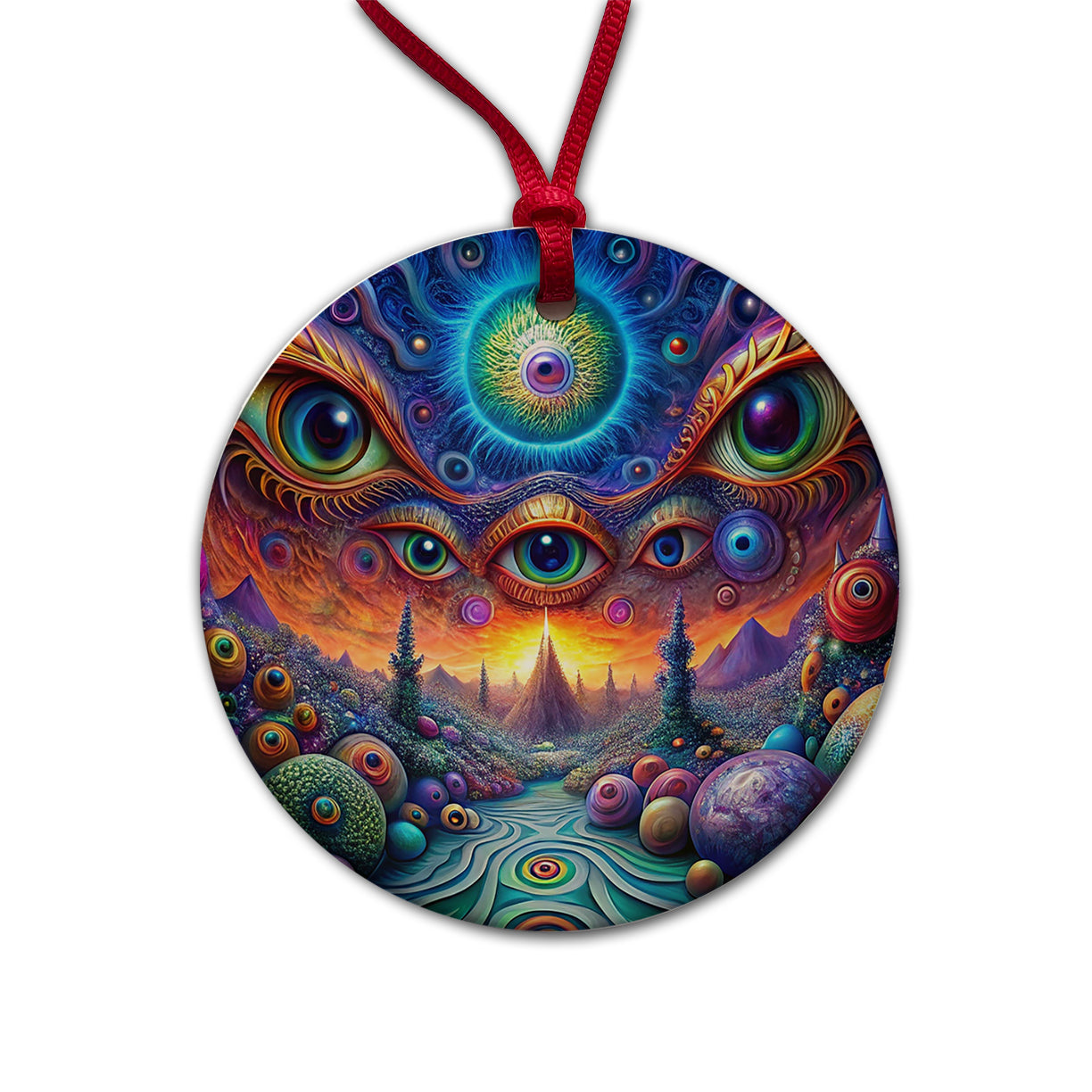 Psychedelic Lots of Eyes Vibrant Colors Round Ceramic Holiday Christmas Tree Ornament
