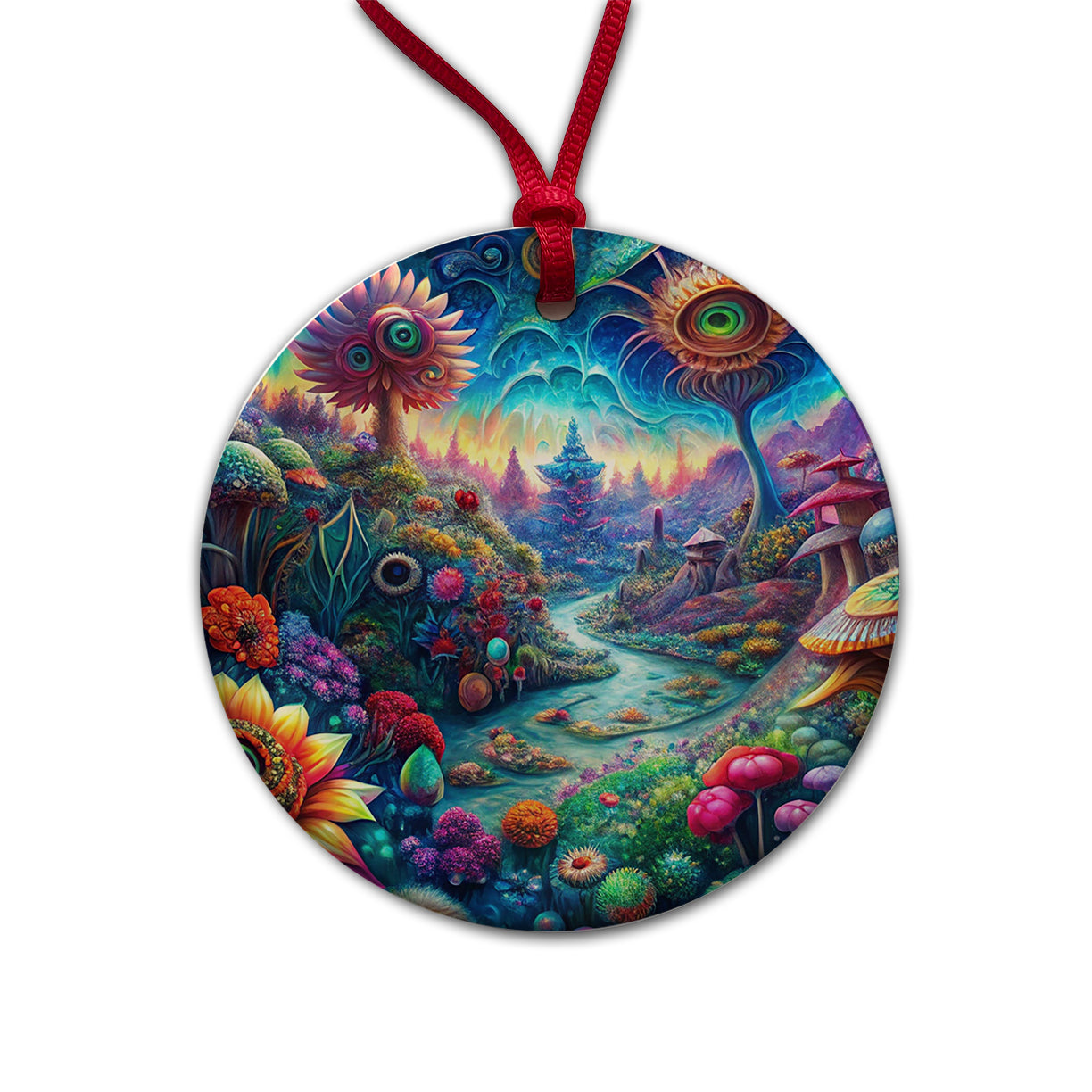 Psychedelic Lots of Flowers Vibrant Colors Round Ceramic Holiday Christmas Tree Ornament