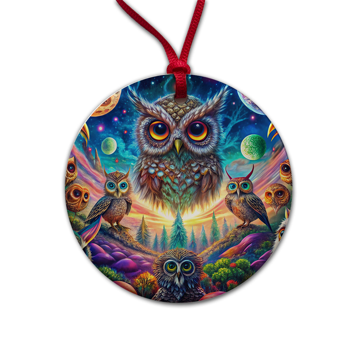 Psychedelic Lots of Owls Vibrant Colors Round Ceramic Holiday Christmas Tree Ornament