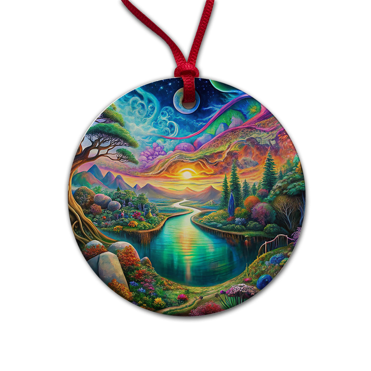Psychedelic Nature Lake Vibrant Colors Round Ceramic Holiday Christmas Tree Ornament
