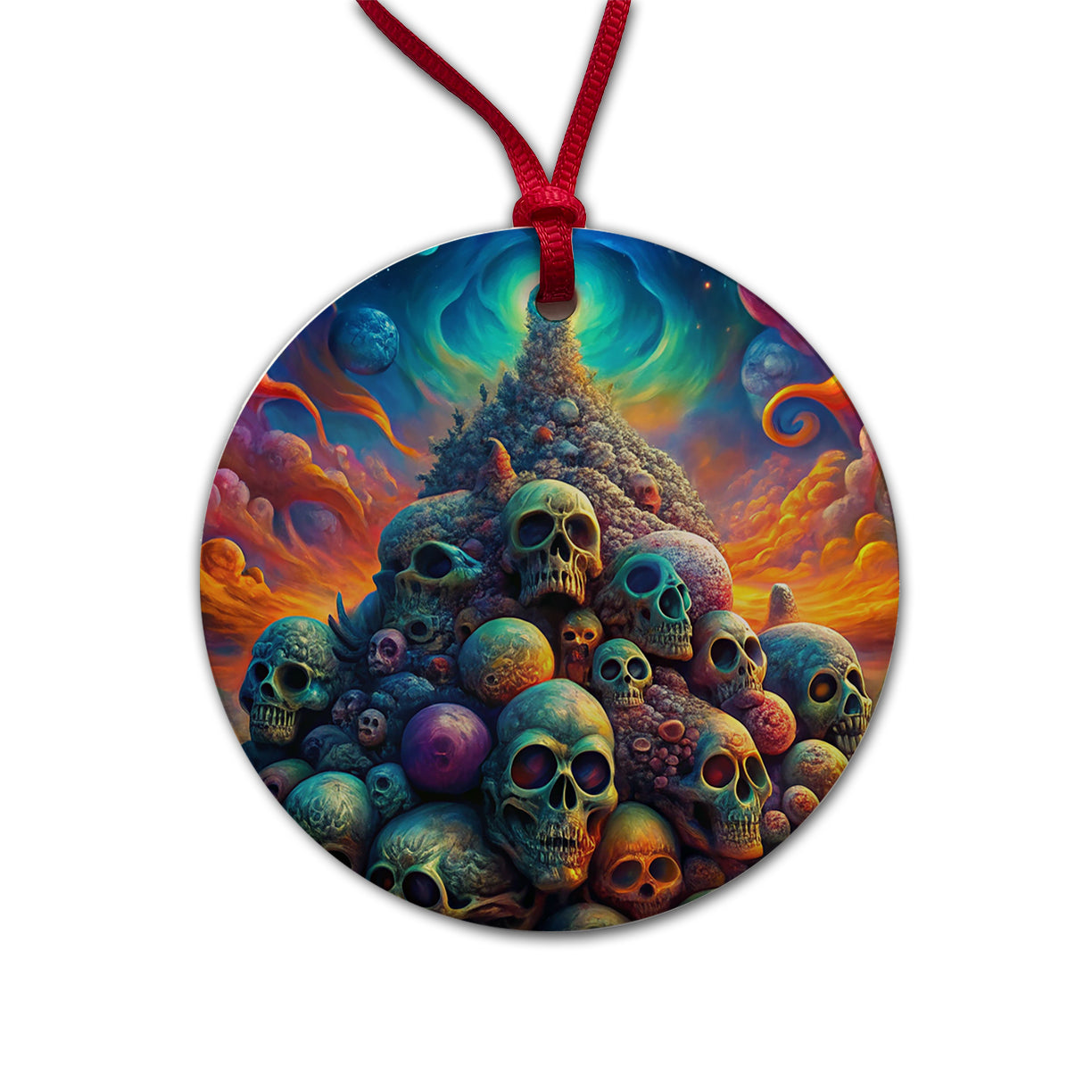Psychedelic Pile Of Skulls Vibrant Colors Round Ceramic Holiday Christmas Tree Ornament