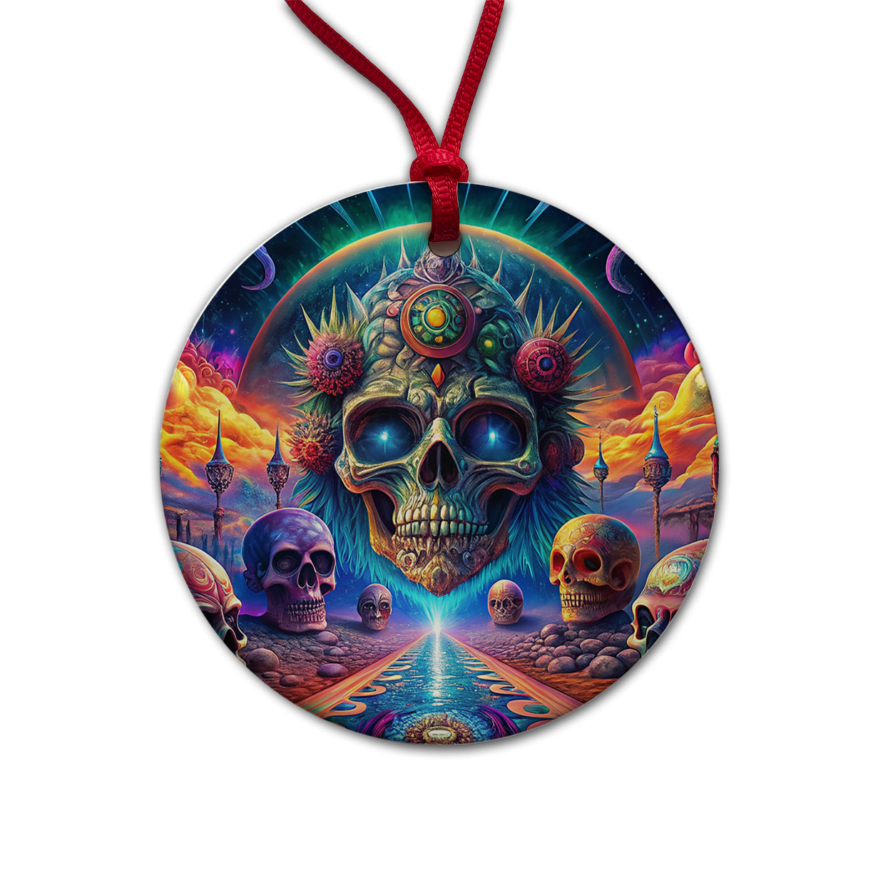 Psychedelic Skulls Design Round Ceramic Holiday Christmas Tree Ornament