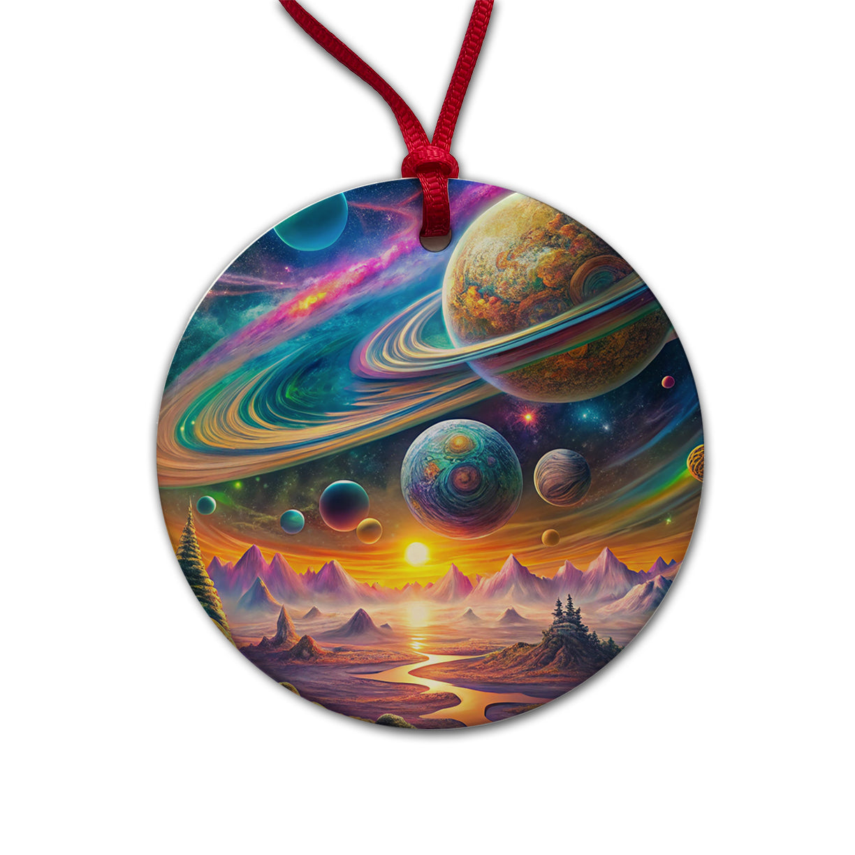 Psychedelic Solar System Space Design Round Ceramic Holiday Christmas Tree Ornament