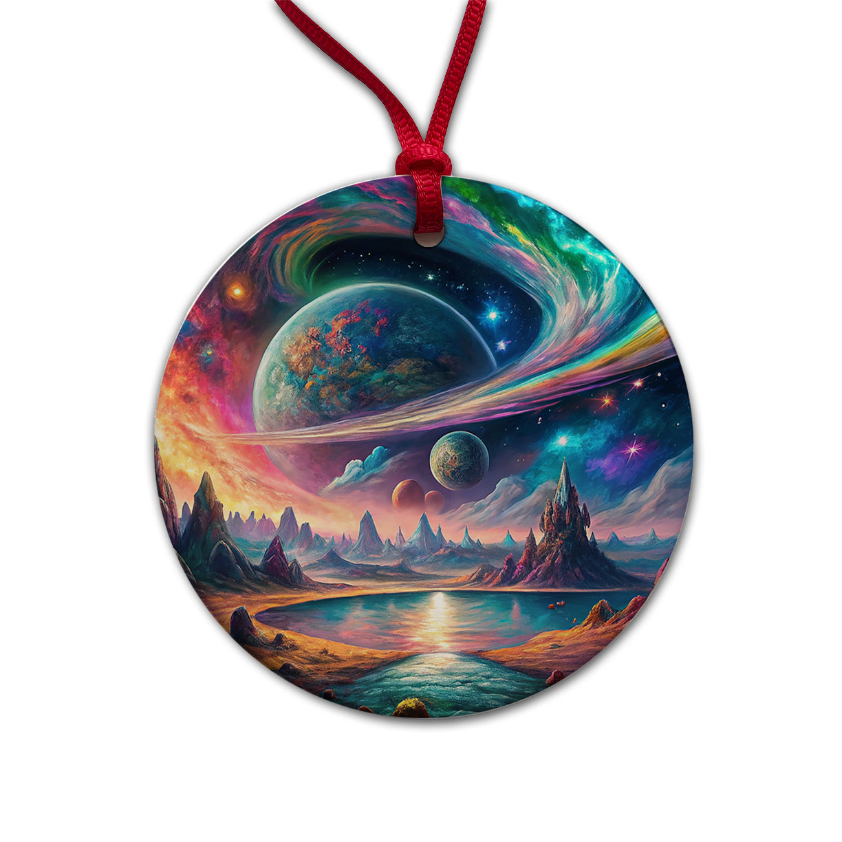 Psychedelic Space Galaxy Planet Vibrant Colors Round Ceramic Holiday Christmas Tree Ornament