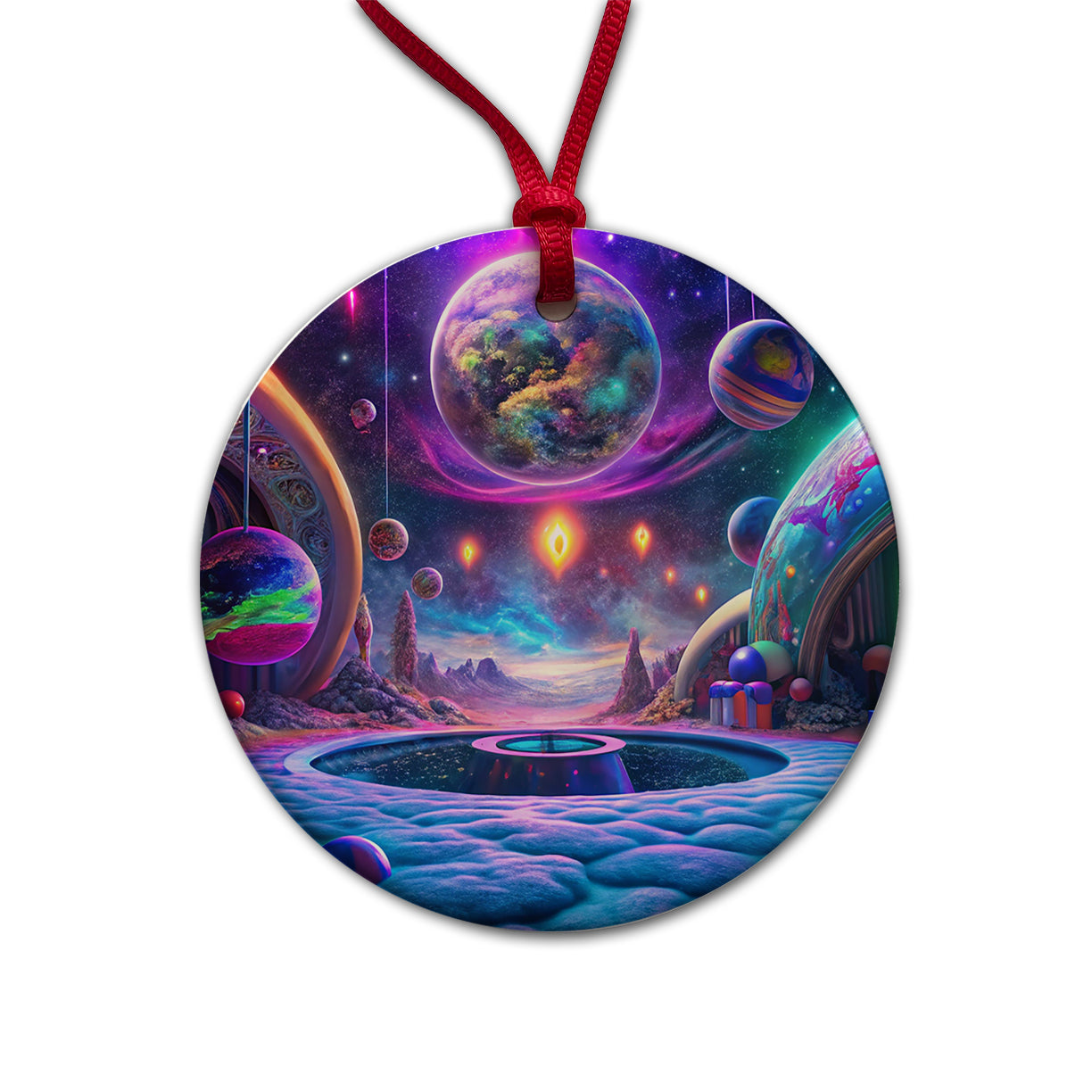 Psychedelic Space Planets Design Round Ceramic Holiday Christmas Tree Ornament