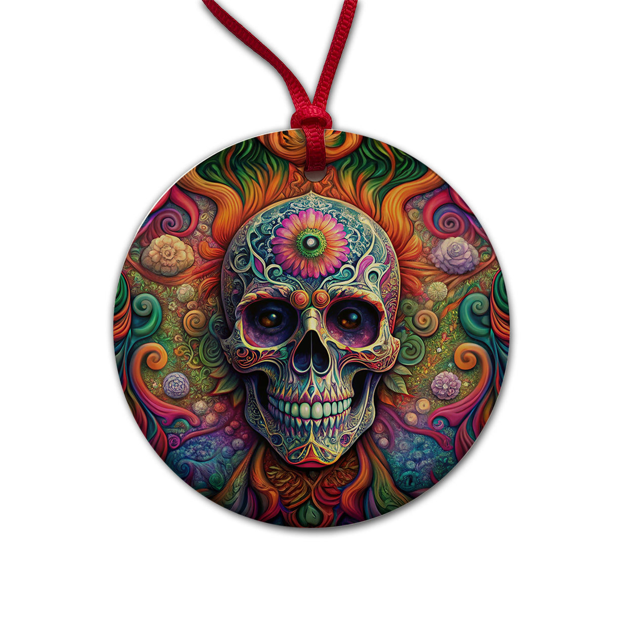 Psychedelic Sugar Skull Day of the Dead Round Ceramic Holiday Christmas Tree Ornament