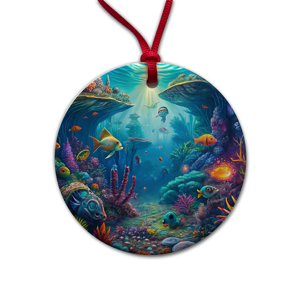 Psychedelic Underwater Ocean Scene Round Ceramic Holiday Christmas Tree Ornament