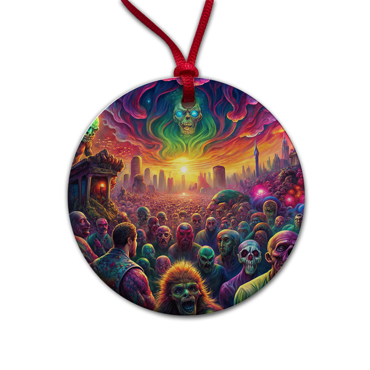 Psychedelic Zombie Outbreak Round Ceramic Holiday Christmas Tree Ornament