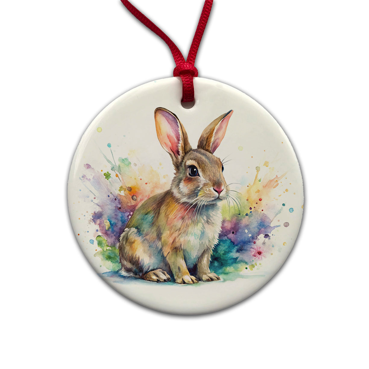 Rabbit Bunny Watercolor Round Ceramic Holiday Christmas Tree Ornament