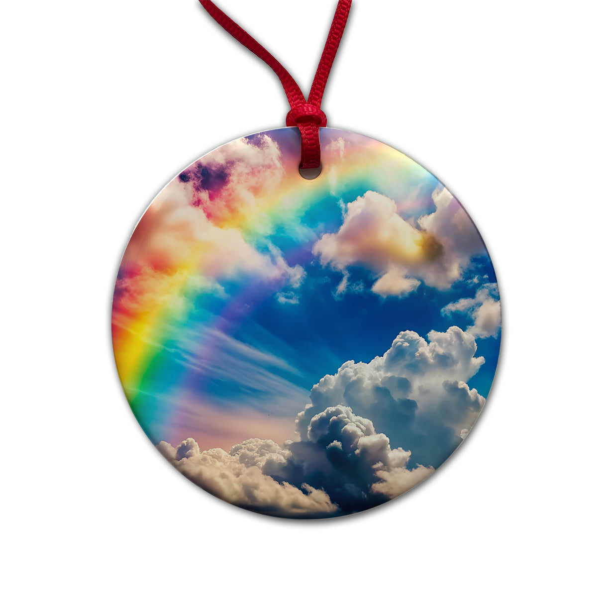 Rainbow in Cloudy Sky Round Ceramic Holiday Christmas Tree Ornament