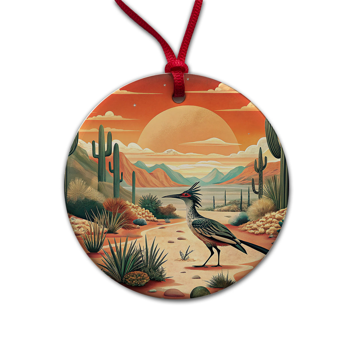 Southwestern Desert Sunrise Roadrunner Design Round Ceramic Holiday Christmas Tree Ornament