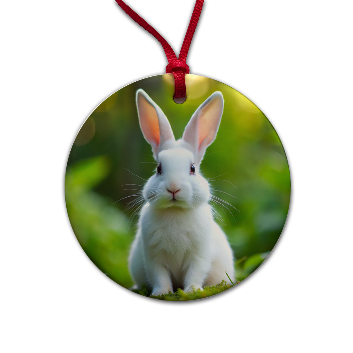 White Bunny Rabbit Round Ceramic Holiday Christmas Tree Ornament