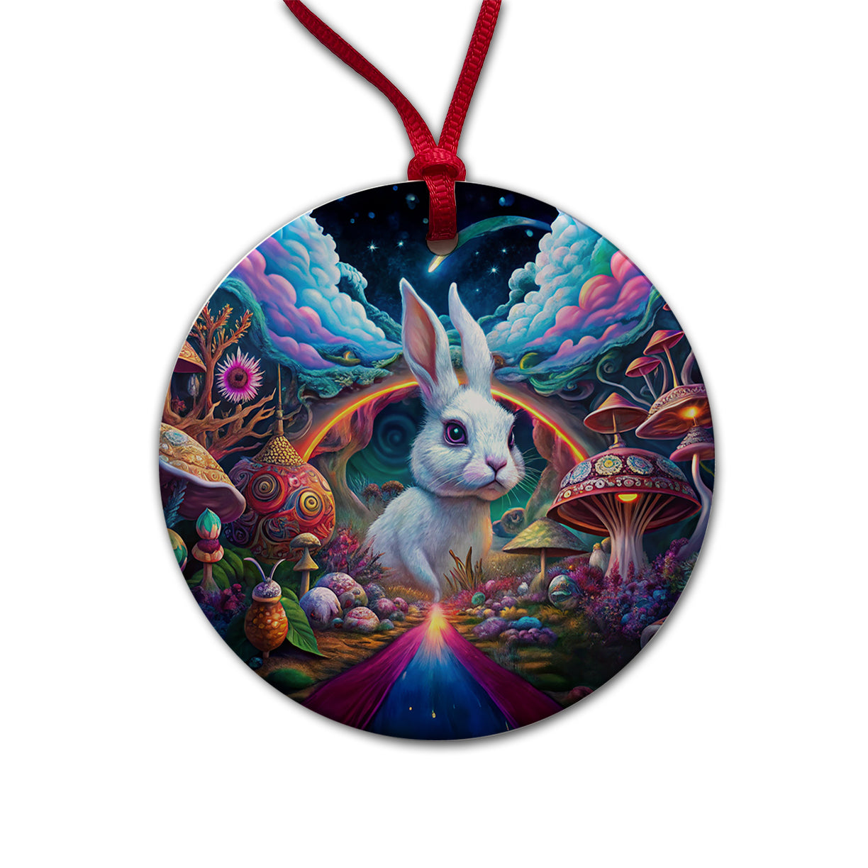 White Rabbit Psychedelic Trippy Wonderland Design Round Ceramic Holiday Christmas Tree Ornament