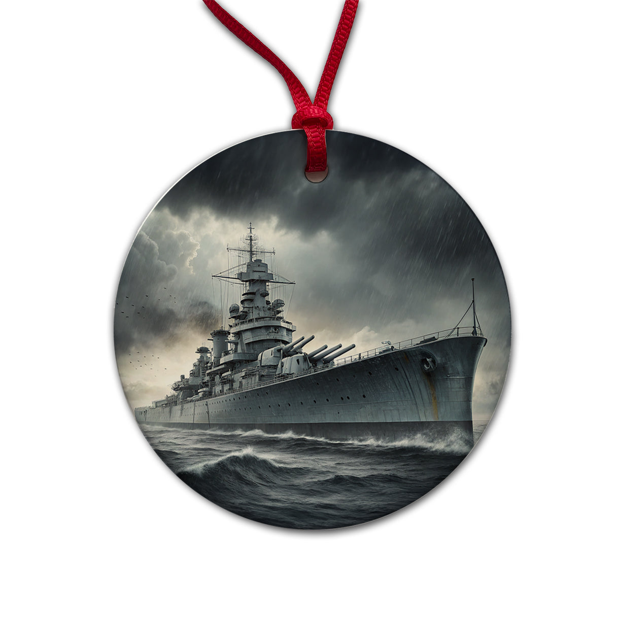 WWII Battleship At Sea Round Ceramic Holiday Christmas Tree Ornament