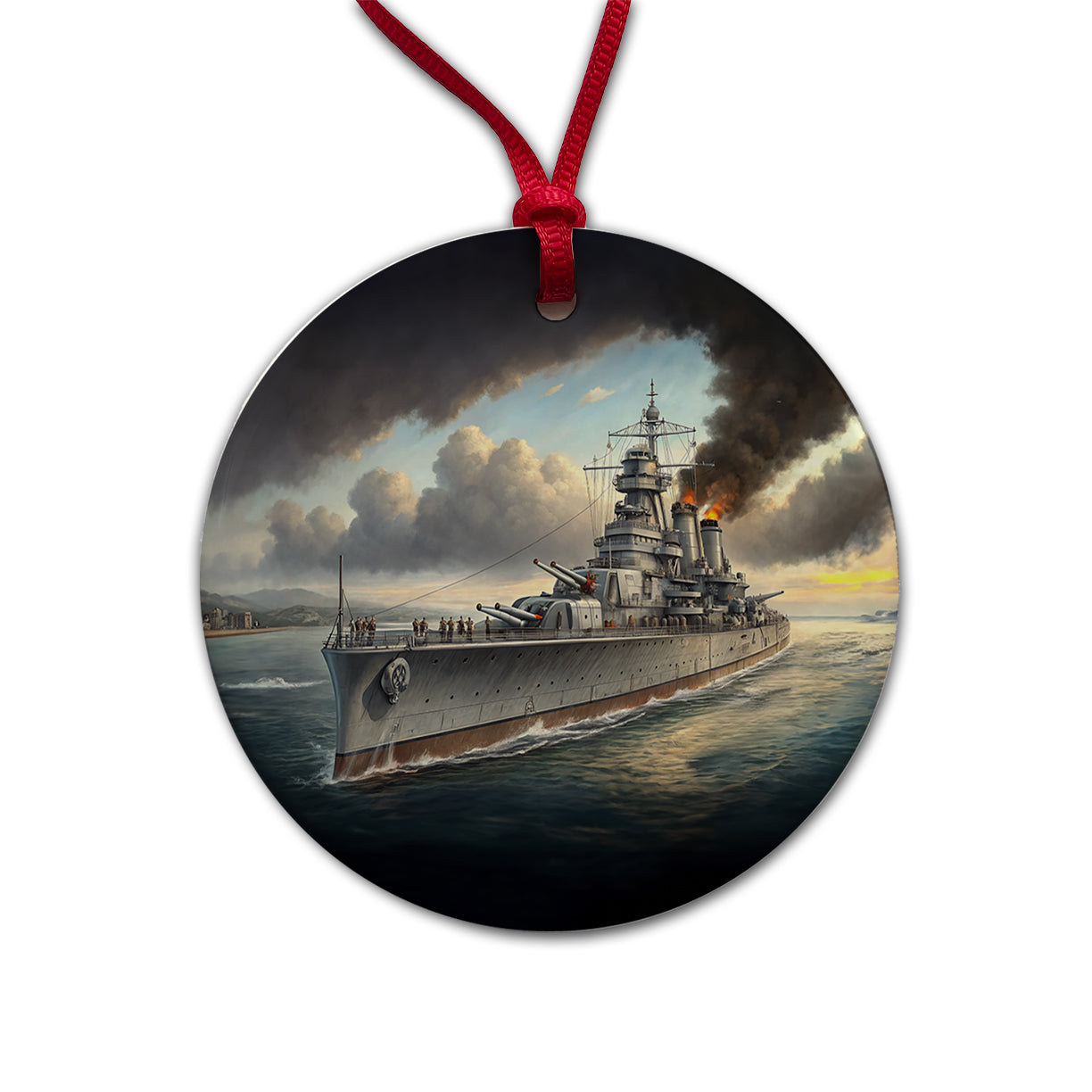 WWII Heavy Cruiser Round Ceramic Holiday Christmas Tree Ornament