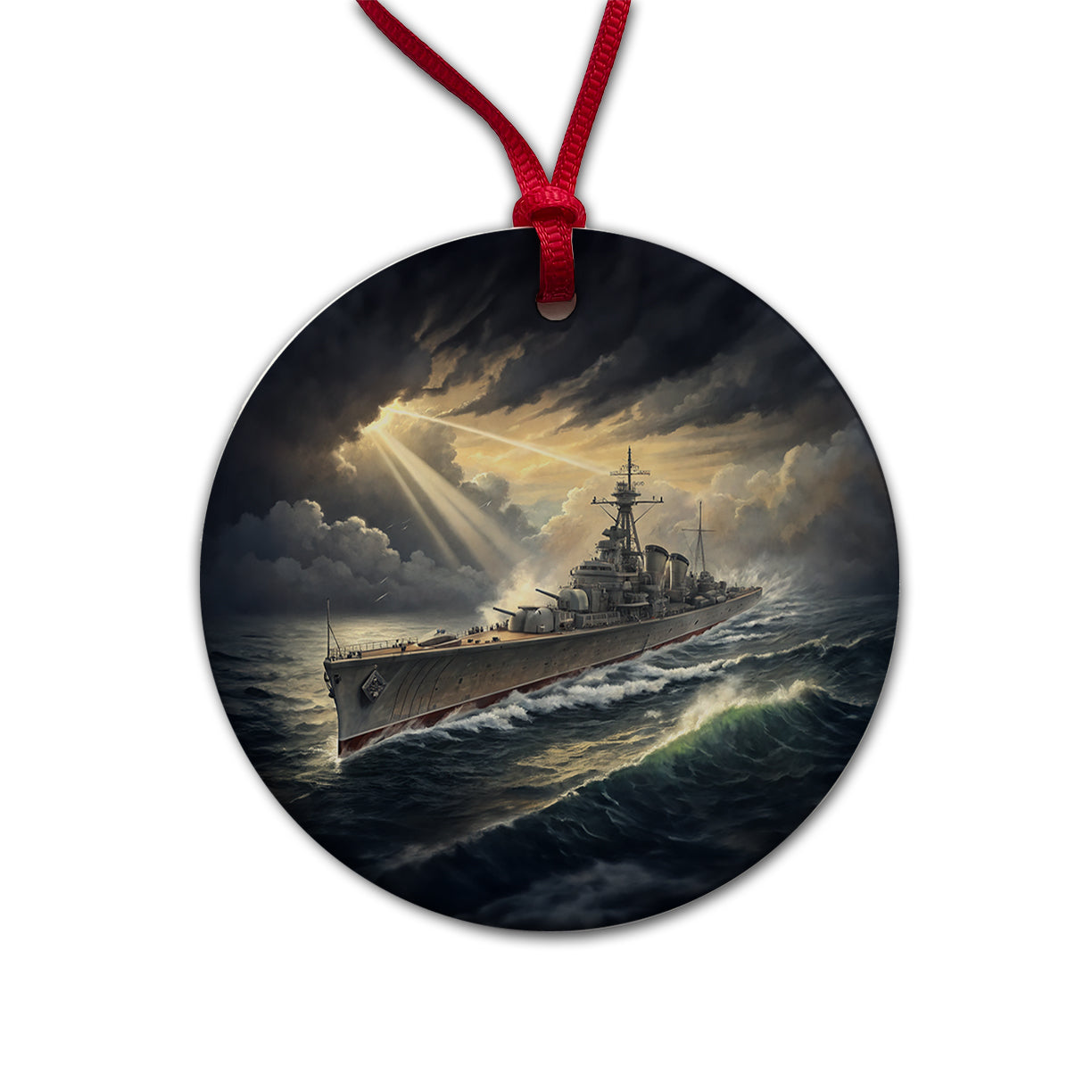 WWII Navy Destroyer After Storm Round Ceramic Holiday Christmas Tree Ornament