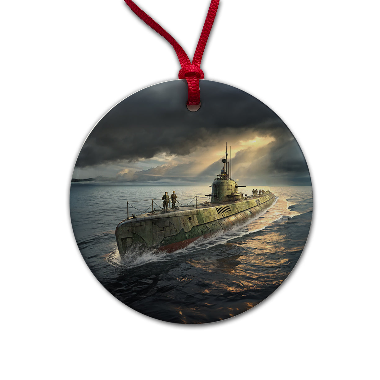 WWII Submarine Running On Surface Round Ceramic Holiday Christmas Tree Ornament
